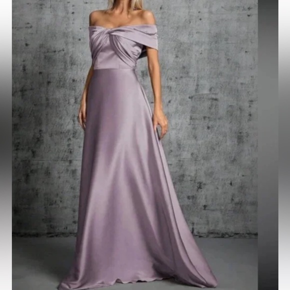 Luxe khaki off shoulder party formal evening satin gown dress - Picture 12 of 16